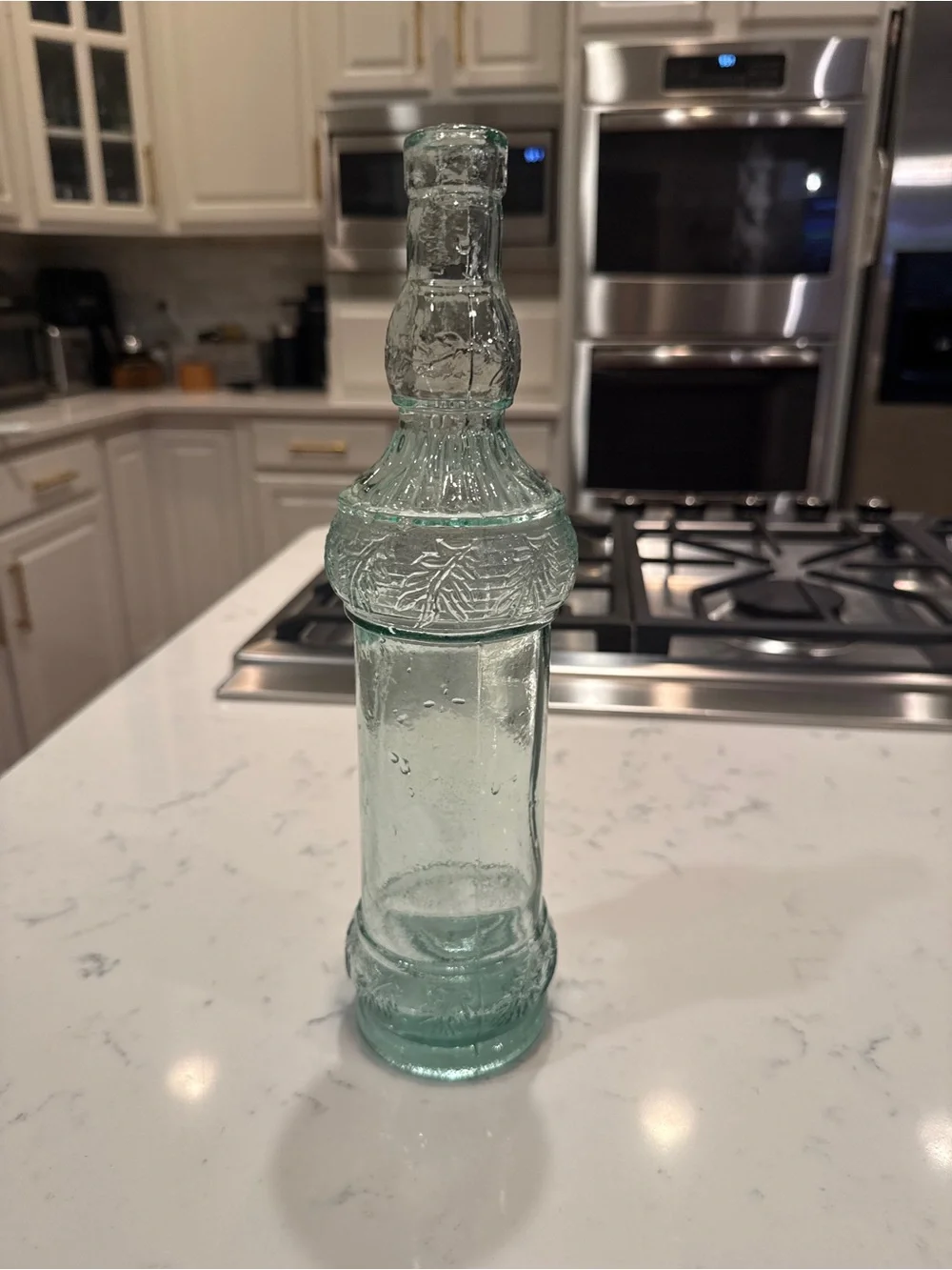 Vintage Spanish Recycled Glass Bottle Vase Aqua Green Embossed Pinecone